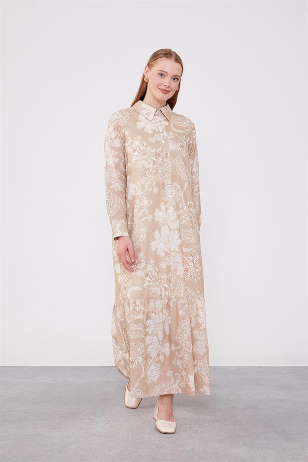 Bej Gömlek Yaka Eteği Volanlı Elbise