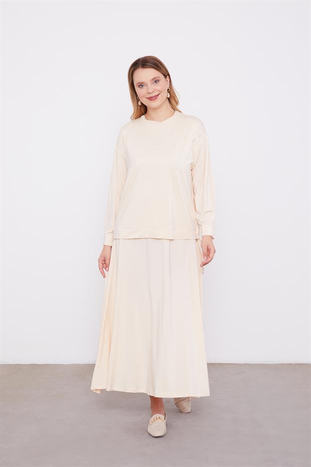 Bej İnci Detaylı Etekli Takım