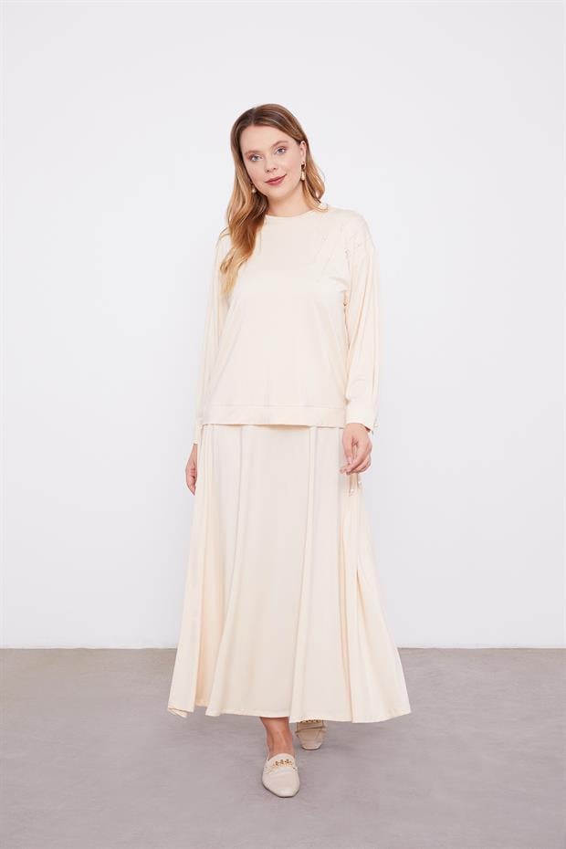 Bej İnci Detaylı Etekli Takım