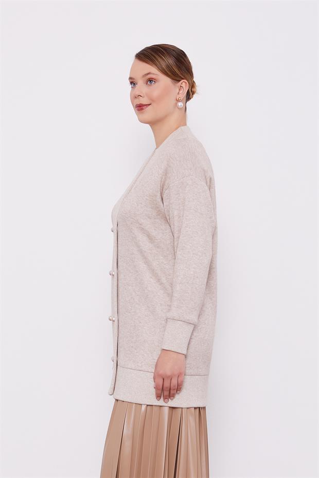 Bej İnci Düğmeli Kaşmir Hırka