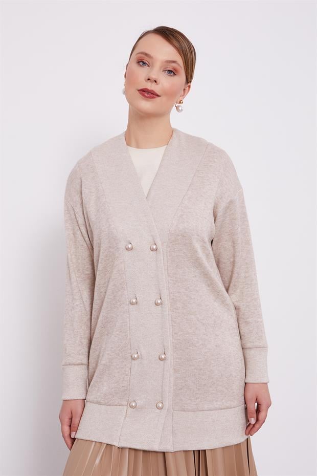 Bej İnci Düğmeli Kaşmir Hırka