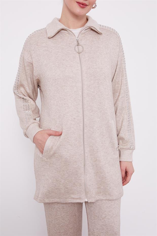 Bej Kolları Taş İşlemeli Kaşmir İkili Takım