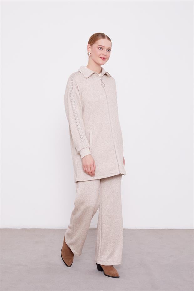 Bej Kolları Taş İşlemeli Kaşmir İkili Takım