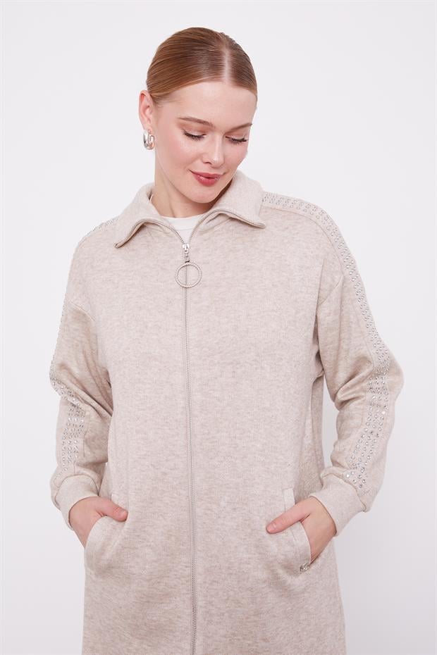 Bej Kolları Taş İşlemeli Kaşmir İkili Takım