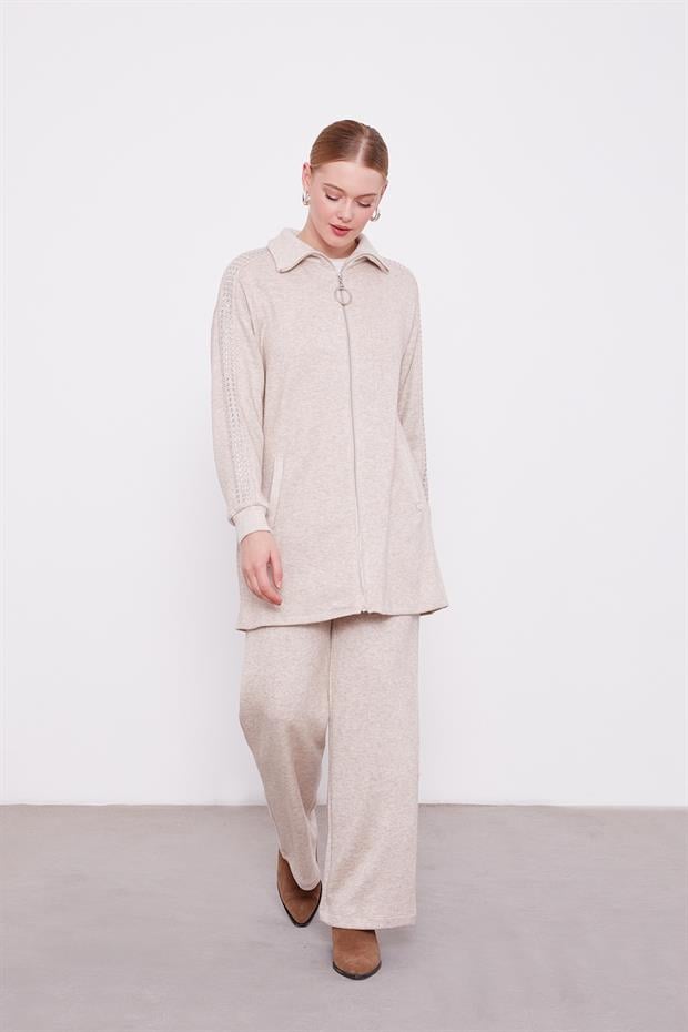 Bej Kolları Taş İşlemeli Kaşmir İkili Takım