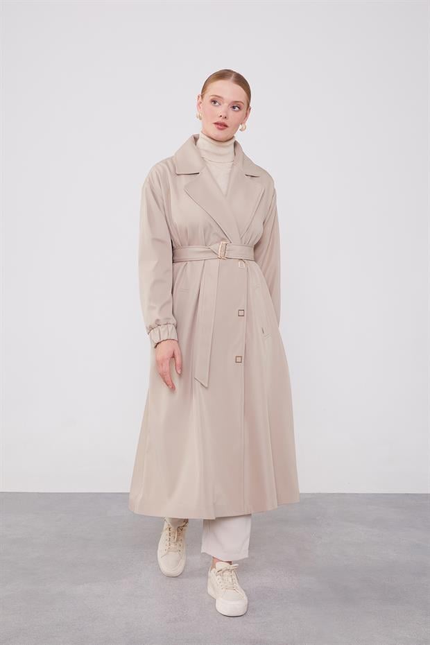 Bej Kolu Lastik Detay Trençkot
