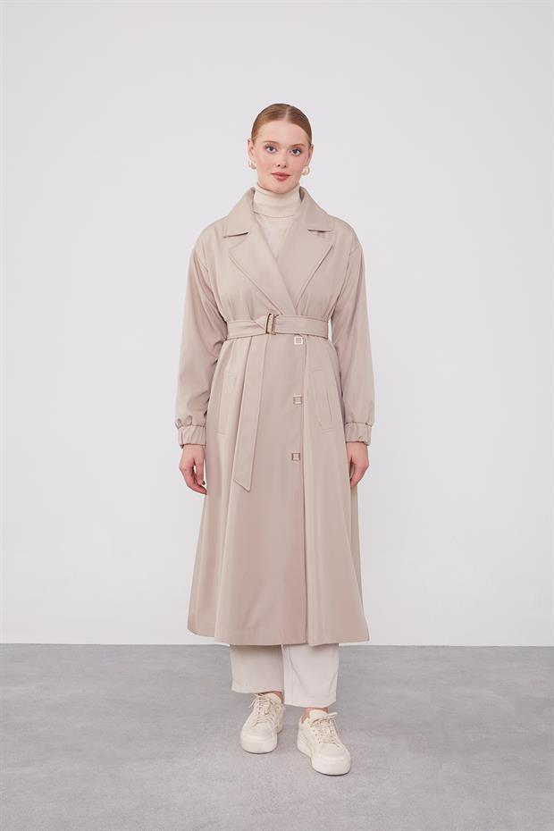 Bej Kolu Lastik Detay Trençkot