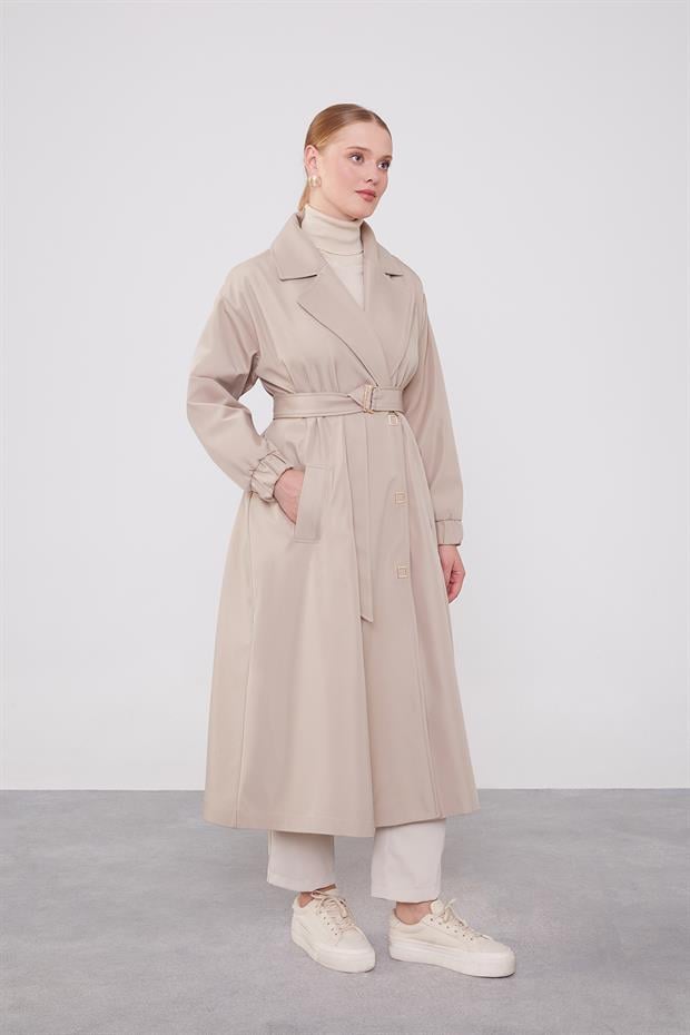 Bej Kolu Lastik Detay Trençkot