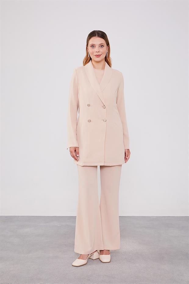 Bej Kruvaze Kesim Blazer Ceket Takım