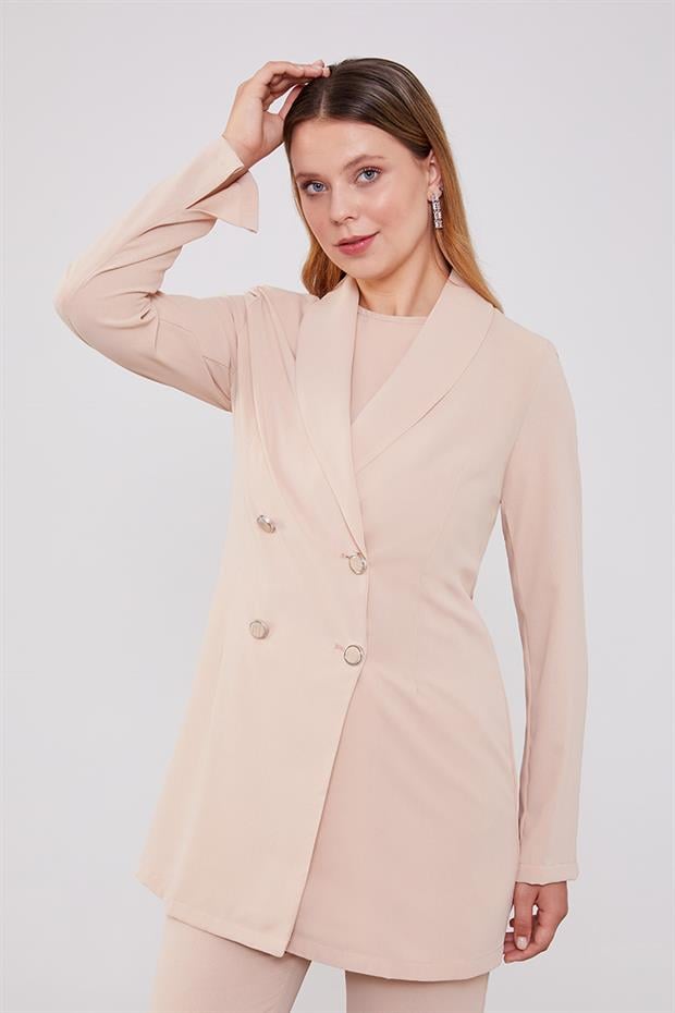 Bej Kruvaze Kesim Blazer Ceket Takım