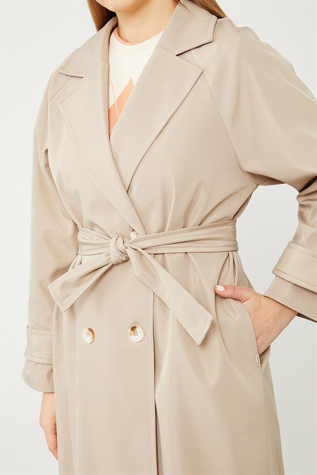 Bej Midi Boy Kuşaklı Trençkot