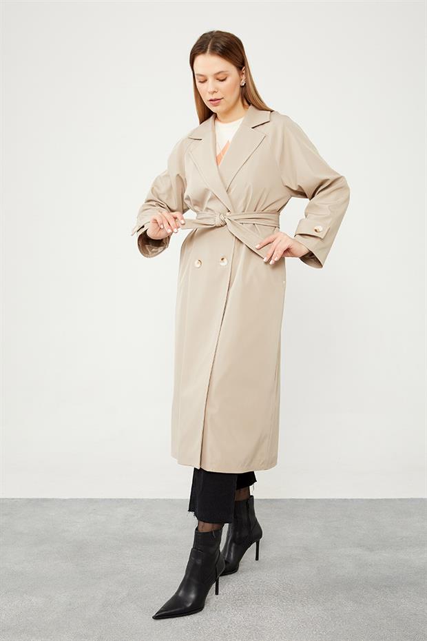 Bej Midi Boy Kuşaklı Trençkot