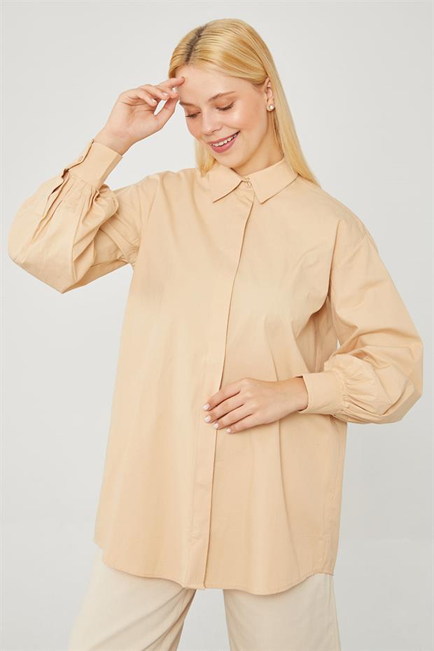 Bej Oversize Balon Kol Poplin Gömlek