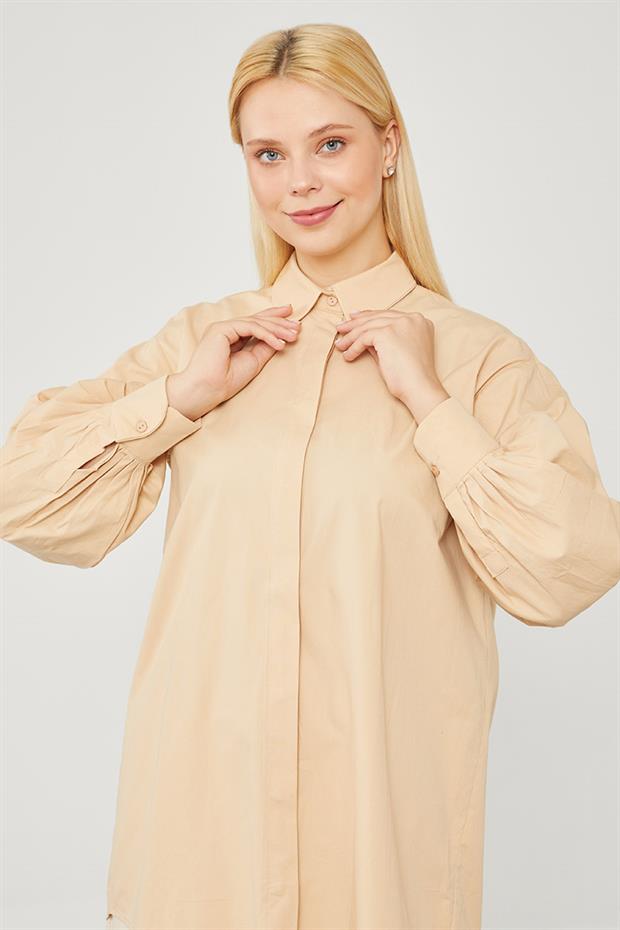 Bej Oversize Balon Kol Poplin Gömlek