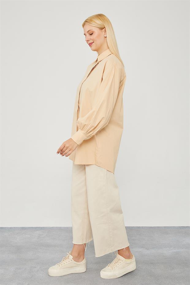 Bej Oversize Balon Kol Poplin Gömlek
