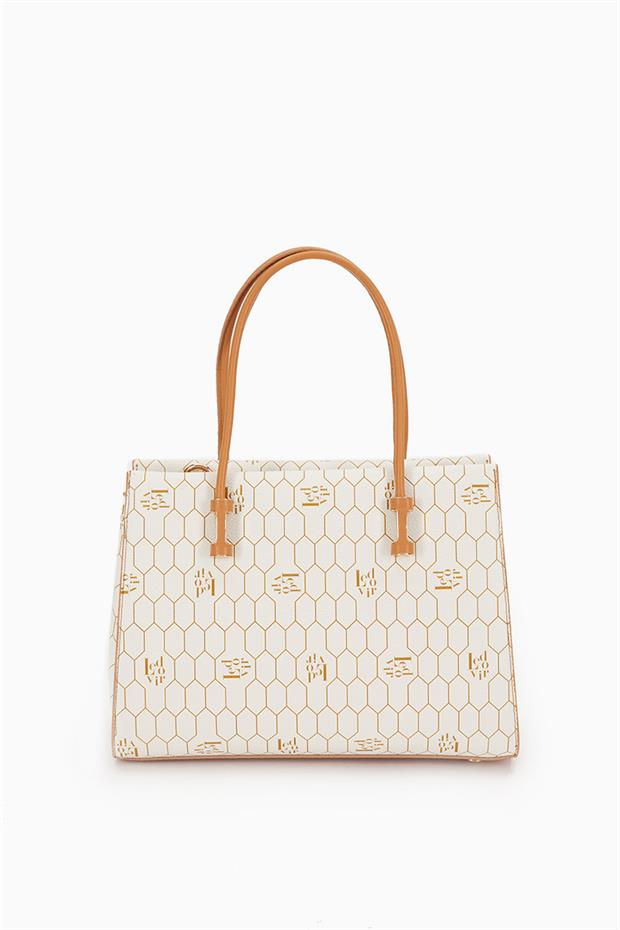 Bej Petek Baskılı Üç Gözlü El Çantası