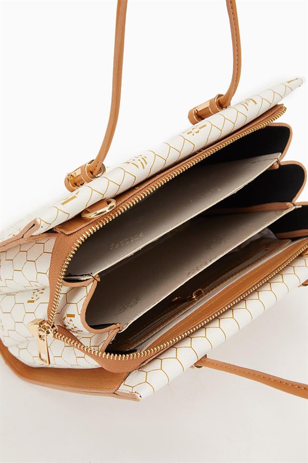 Bej Petek Baskılı Üç Gözlü El Çantası