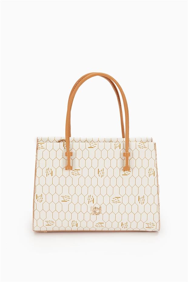 Bej Petek Baskılı Üç Gözlü El Çantası