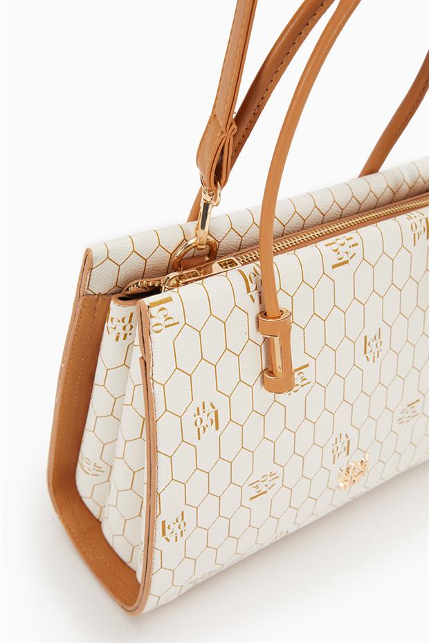 Bej Petek Baskılı Üç Gözlü El Çantası