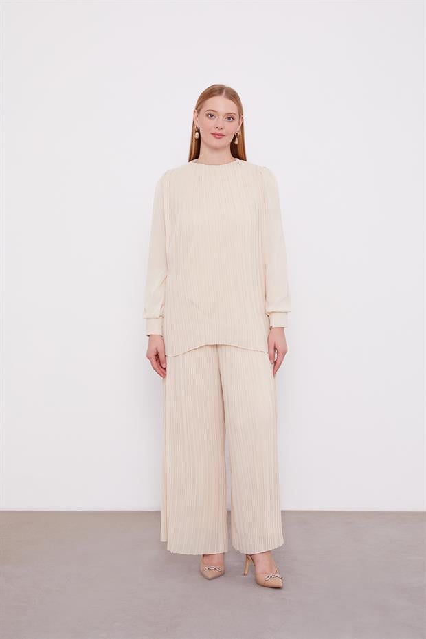 Bej Piliseli Şifon İkili Takım