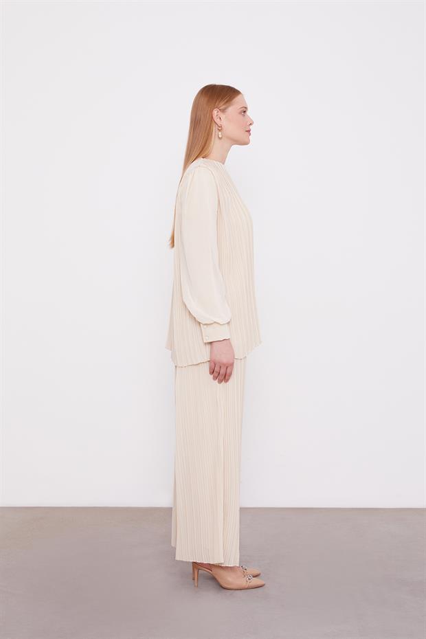 Bej Piliseli Şifon İkili Takım