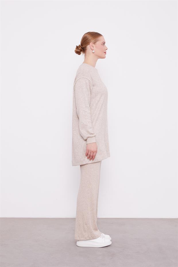 Bej Şerit İncili Kaşmir İkili Takım