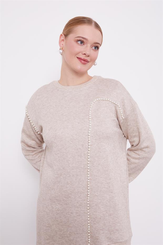 Bej Şerit İncili Kaşmir İkili Takım