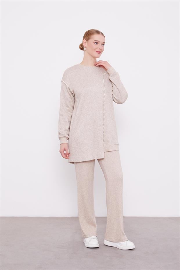 Bej Şerit İncili Kaşmir İkili Takım