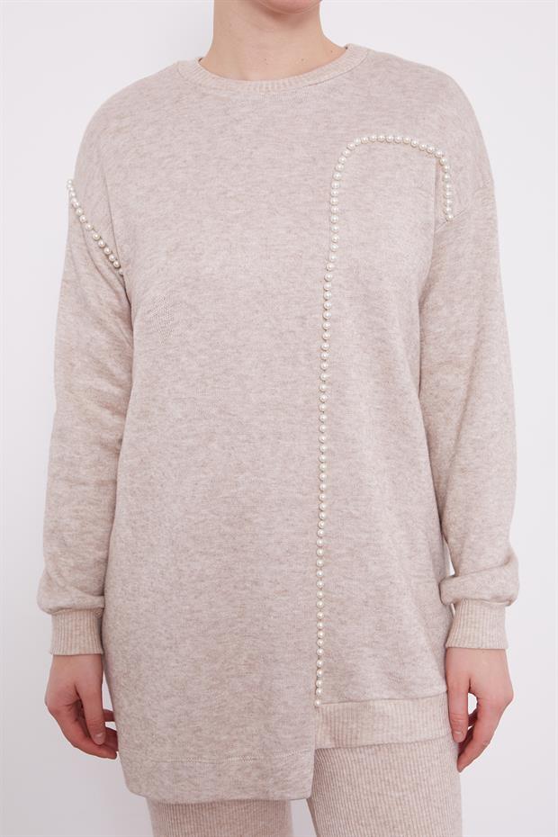 Bej Şerit İncili Kaşmir İkili Takım