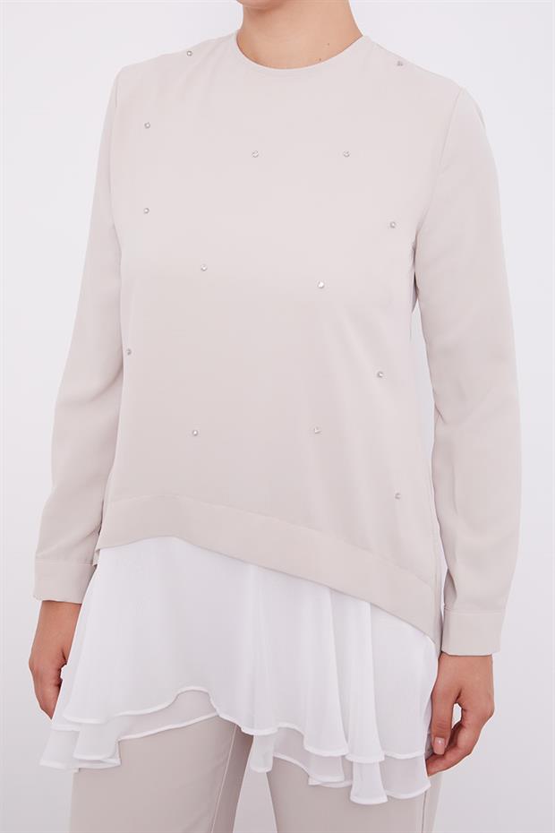 Bej Şifon Detaylı Tunik Takım