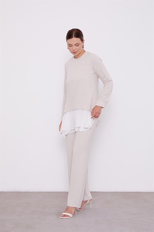 Bej Şifon Detaylı Tunik Takım