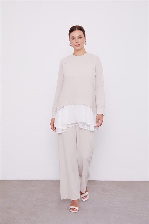 Bej Şifon Detaylı Tunik Takım