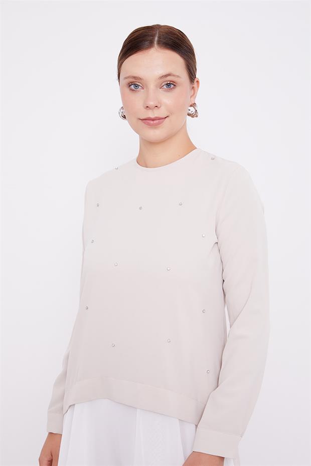 Bej Şifon Detaylı Tunik Takım