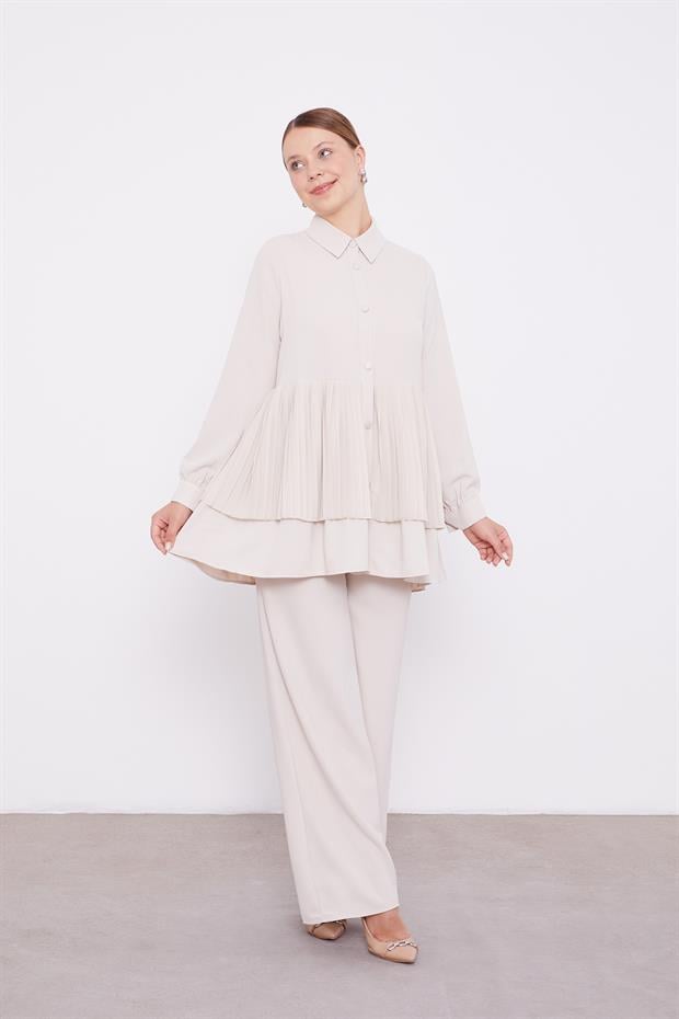 Bej Şifon Pileli Gömlek İkili Takım