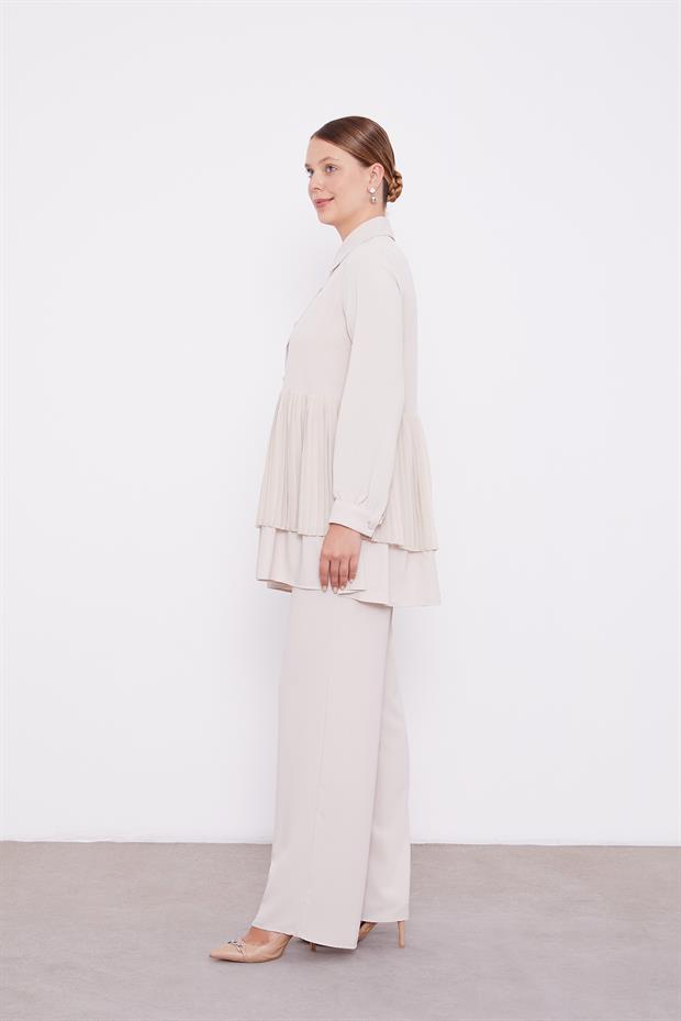 Bej Şifon Pileli Gömlek İkili Takım