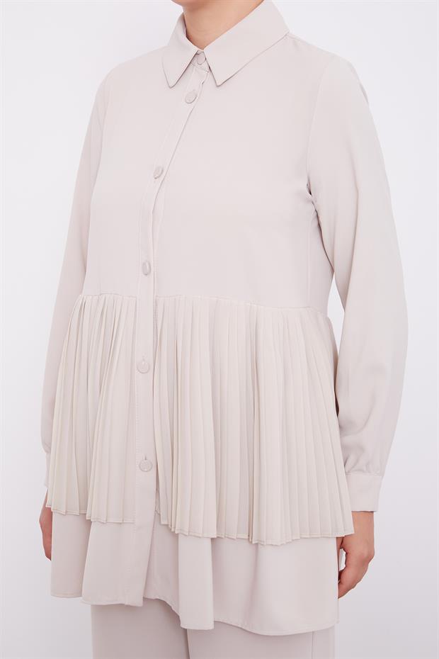 Bej Şifon Pileli Gömlek İkili Takım