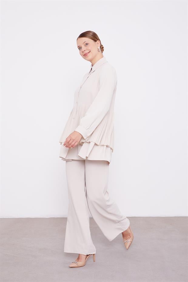 Bej Şifon Pileli Gömlek İkili Takım