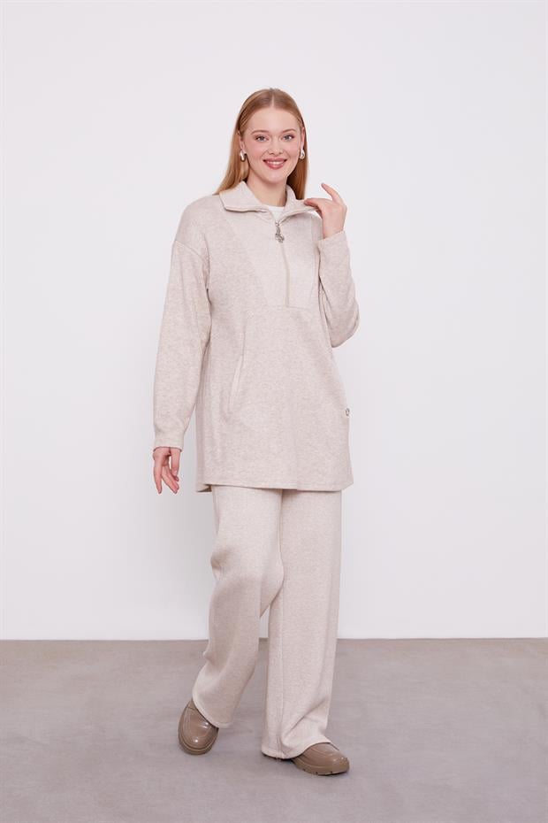 Bej Sim Detaylı Kaşmir İkili Takım