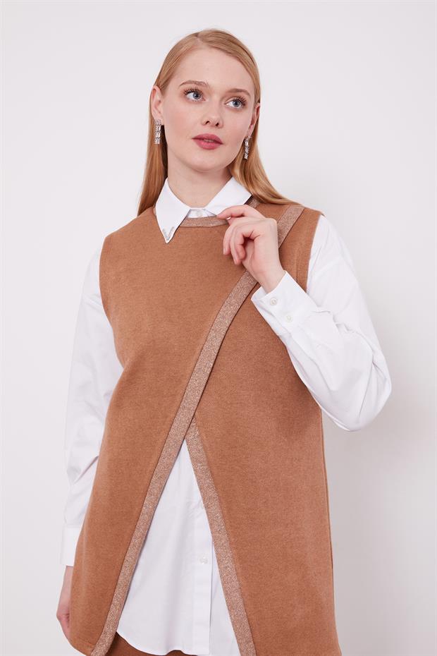 Bej Sim Şeritli Gömlekli Üçlü Kaşmir Takım