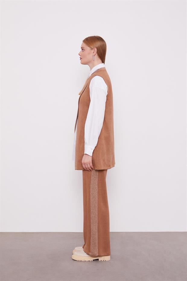 Bej Sim Şeritli Gömlekli Üçlü Kaşmir Takım