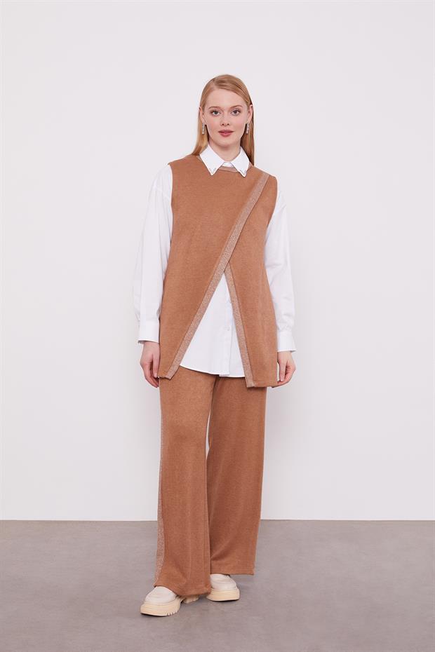 Bej Sim Şeritli Gömlekli Üçlü Kaşmir Takım