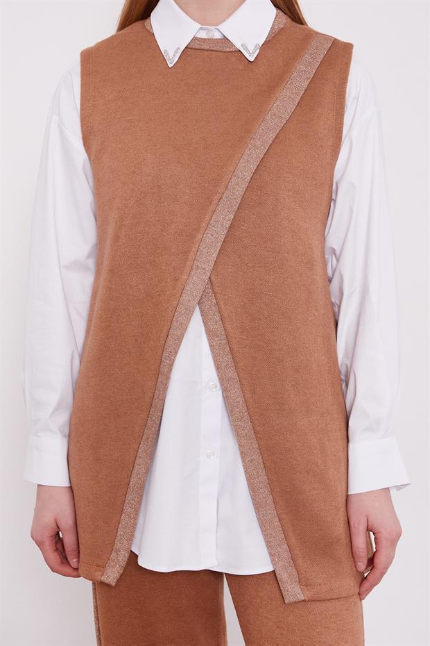 Bej Sim Şeritli Gömlekli Üçlü Kaşmir Takım