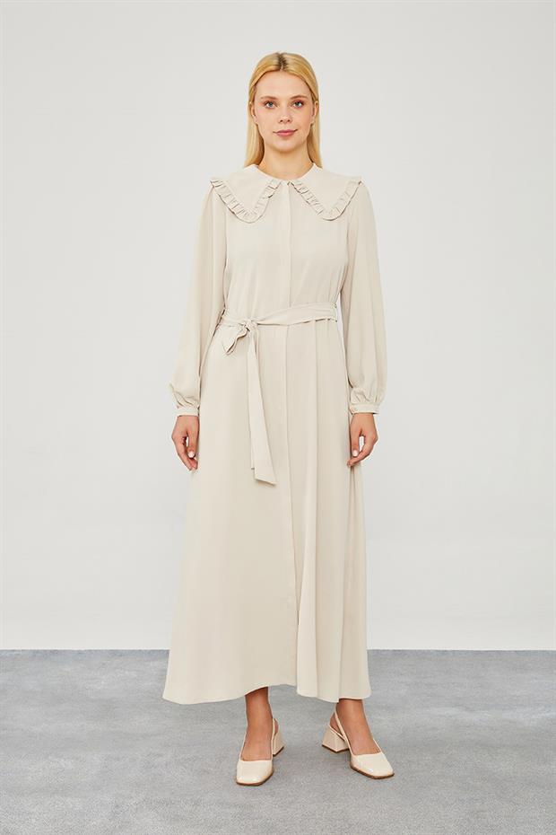 Bej Yakası Fırfır Detaylı Elbise