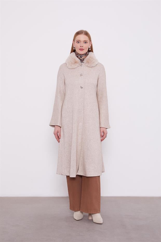 Bej Yakası Kürklü Kaşmir Hırka