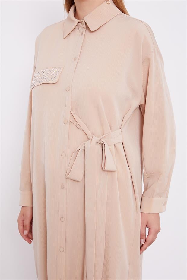 Bej Yandan Bağlamalı Pliseli İkili Takım