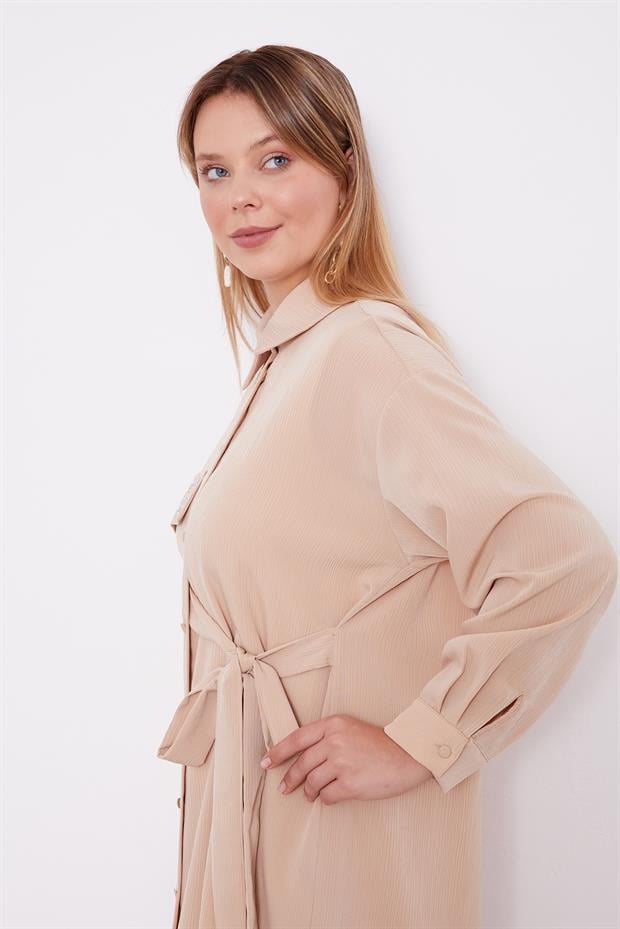 Bej Yandan Bağlamalı Pliseli İkili Takım