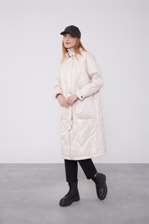 Bej Cep Detaylı Şişme Mont