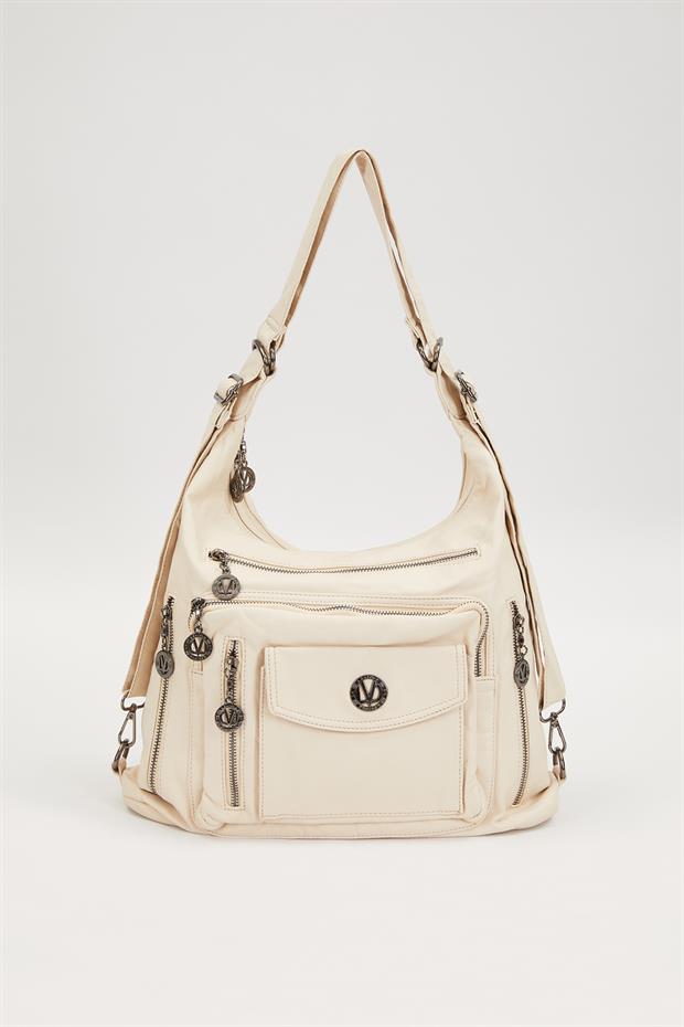 Beyaz Çok Cepli Omuz Çantası