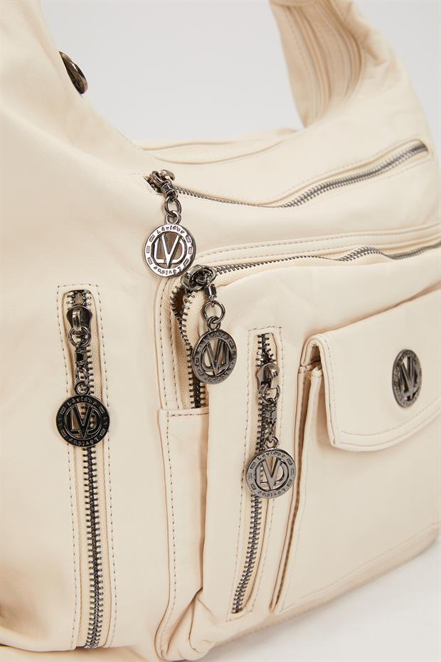 Beyaz Çok Cepli Omuz Çantası