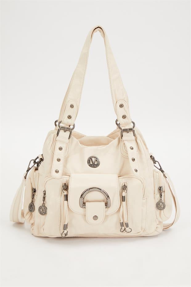 Beyaz Çok Gözlü Deri Omuz Çantası